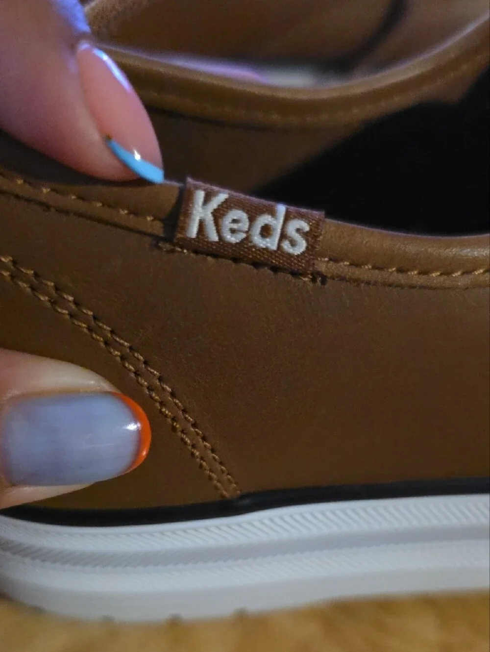 Keds Women’s Tan Leather-Style Boat Sneakers with White Sole